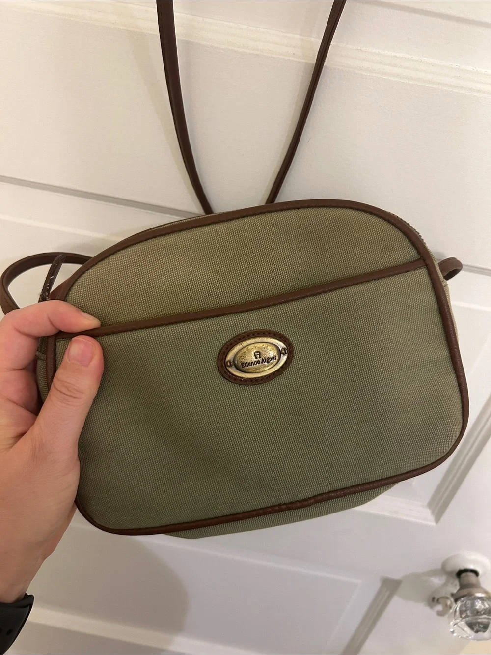 🛍 2/$18 Etienne Aigner Olive Canvas Crossbody with Brown Trim and Brass Plaque